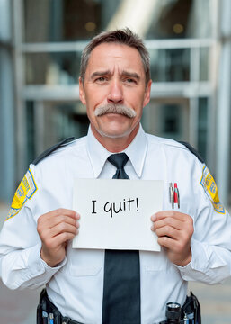 Middle aged security guard or patrol worker, holding card with I quit text on it. Career change concept. Generative AI