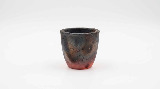 Industrial graphite crucible used for melting precious metals in high temperature manufacturing isolated against a clean plain white background studio