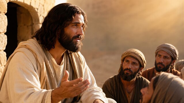 Jesus teaching a group of people outdoors, with warm lighting and a natural stone background, depicting a biblical scene of spiritual guidance and attentive listening