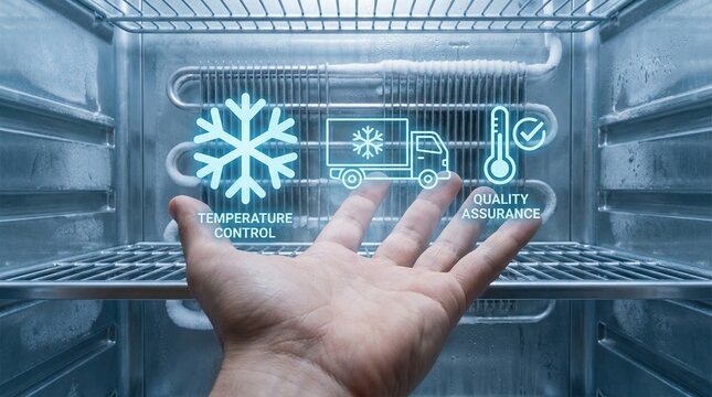 Cold chain storage logistics warehouse refrigerated transport concept with hand and digital icons showing temperature control and quality assurance