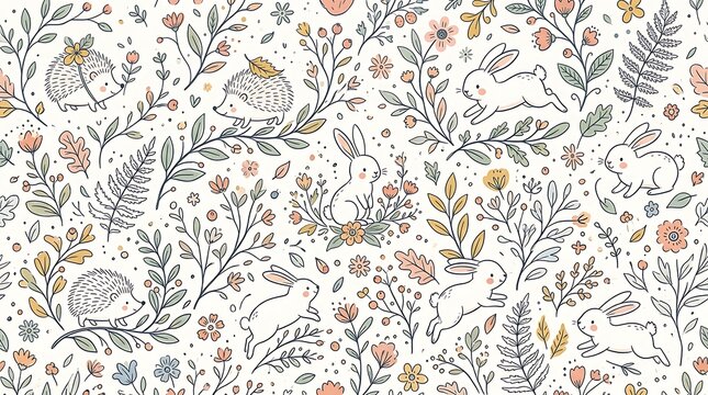 Seamless pattern with cute rabbits and hedgehogs in a forest with flowers and leaves for nature themed design projects