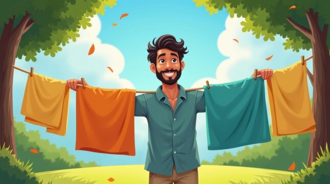 Hombre colgando ropa al aire libre en un d&iacute;a ventoso; ropa de casa informal, telas coloridas; atm&oacute;sfera realista y sostenible de las tareas cotidianas.