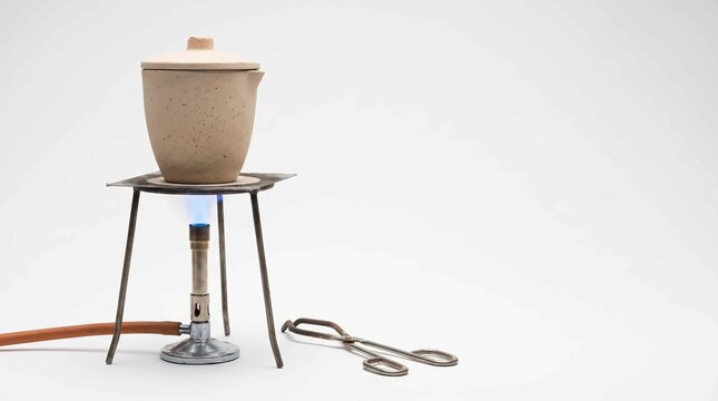 Porcelain crucible heating on a metal tripod stand over blue bunsen burner flame with steel tongs placed on white background