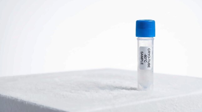 Laboratory cryo tube sample with blue cap standing upright inside cold white dry ice for medical research and science testing