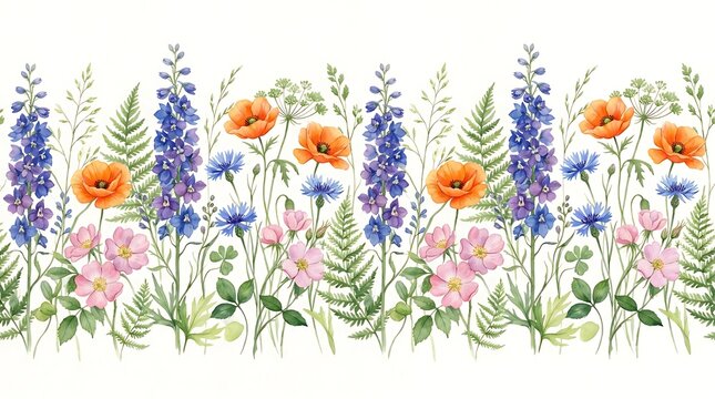 Seamless border pattern with colorful wild flowers including blue delphinium orange poppies and pink roses in a garden