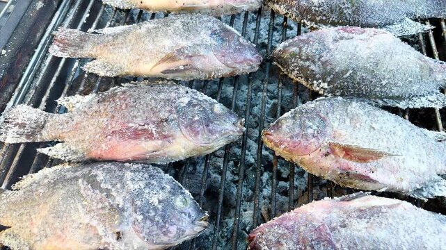 Fresh salt-crusted tilapia fish grilling over hot charcoal at an outdoor street food market. Traditional Asian barbecue seafood cooked whole on metal rack over burning embers.