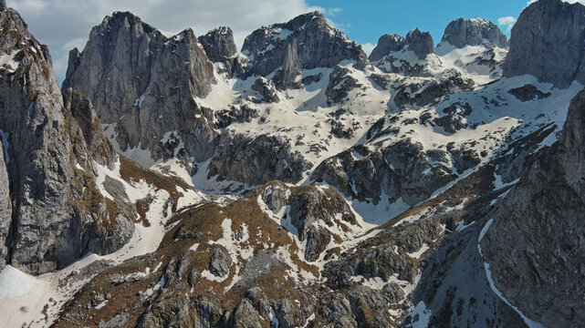 Rocky snow mountains aerial view