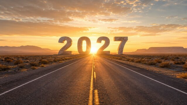 2027 road ahead at sunrise in desert landscape