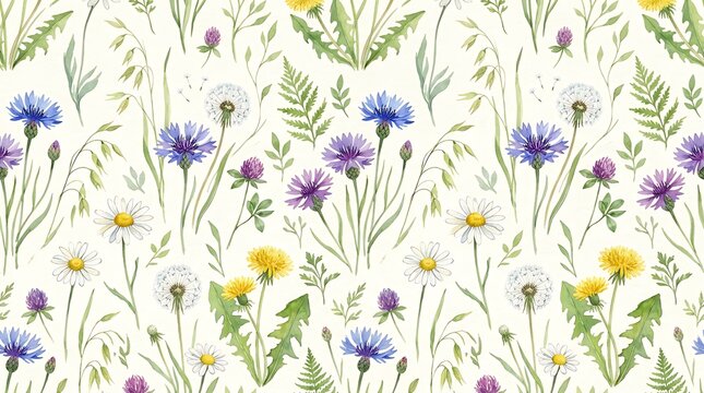 Seamless pattern with watercolor wildflowers including cornflowers dandelions and daisies in a meadow garden style