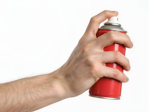 Hand holding red spray paint canister preparing for graffiti or industrial coating application