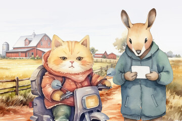 Fototapeta premium Cartoon mail delivery watercolor animal character illustration