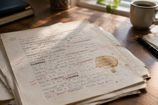 Wooden desk with manuscript pages covered in handwritten edits.