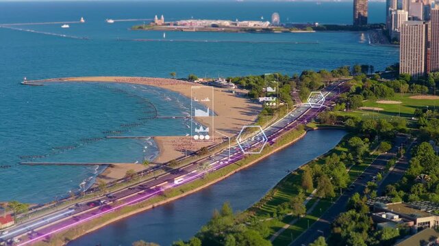 Smart city traffic data visualization with autonomous vehicles driving on Lake Shore Drive in Chicago showing infographics and advanced driver assistance systems