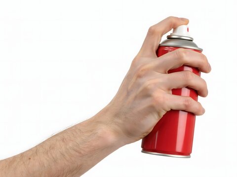 Hand holding red spray can with white nozzle being used for graffiti or surface coating