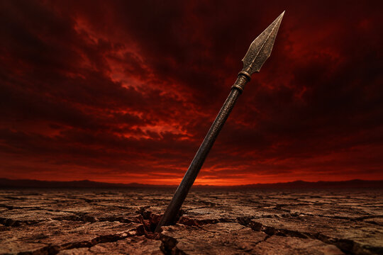 Bronze spear in cracked earth under crimson sky, symbolic scene.