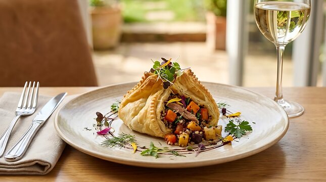 Savory vegetable puff pastry parcel served on a ceramic plate with a glass of white wine