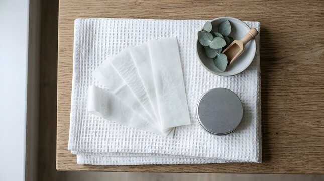 White textile waffle fabric cloth with eucalyptus leaves and round metal jar on wooden base.