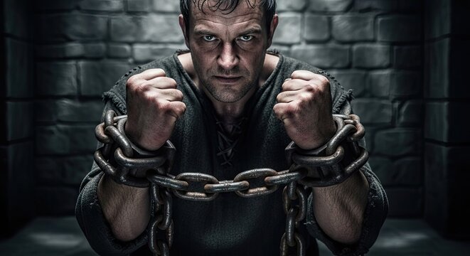 Portrait of man breaking chains in a dark dungeon.