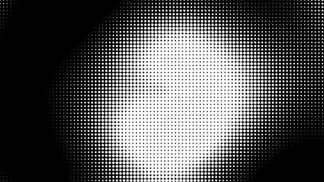 Black and white halftone dot pattern animation with shifting organic shapes, perfect for retro designs, video transitions and abstract backgrounds.