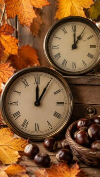 Vertical arrangement featuring two small clocks glossy brown chestnuts