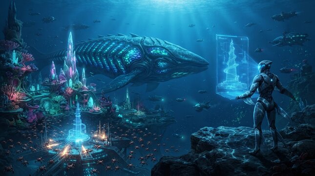 Imaginative depiction of a hightech underwater city with a bioluminescent whale and holographic alien observer. Perfect for scifi concepts.