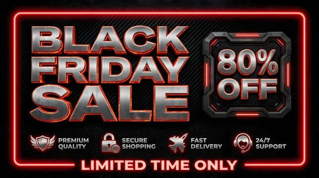 Black friday sale banner with metallic 3d text and 80 percent off badge