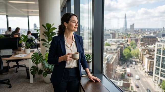 Businesswoman looking out office window with coffee cup.