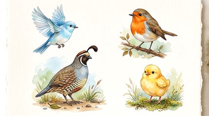 Obraz premium Watercolor illustration set of cute birds including a blue bird a robin a quail and a small yellow chick