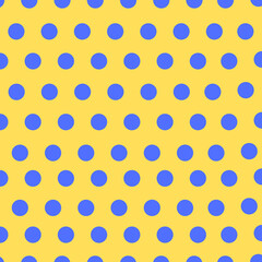 Blue polka dot pattern on yellow background, seamless repeating design vector illustration © Ety