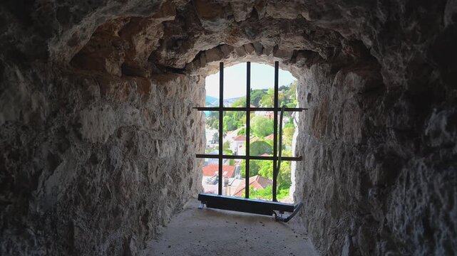 Stone castle window overlooking Herceg Novi, Montenegro