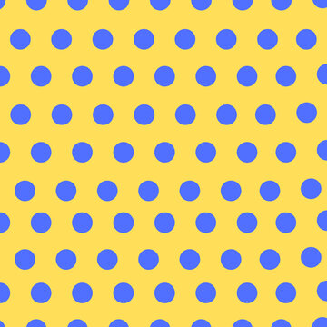 Blue polka dot pattern on yellow background, seamless repeating design vector illustration