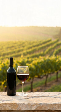 Red Wine Bottle and Glass on Stone Ledge with Green Vineyard Rows and Golden Sunset Light, Winery Landscape Photography
