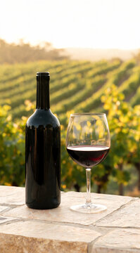 Red Wine Bottle and Glass on Stone Ledge with Green Vineyard Rows and Golden Sunset Light, Winery Landscape Photography
