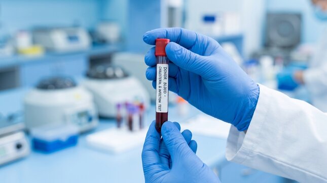 Medical blood sample in test tube, scientist holding vacuum vial for laboratory analysis, clinical research and diagnostic testing