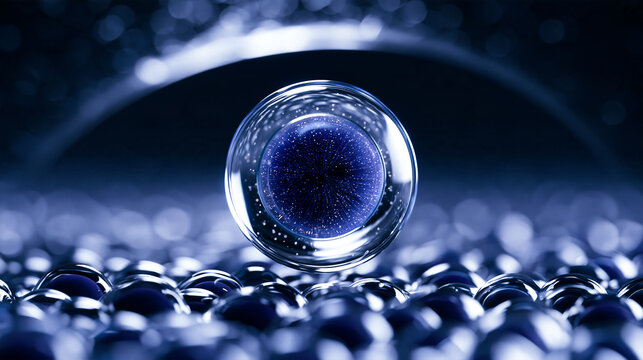 青く輝く透明な美容成分カプセルと微細粒子の未来的スキンケア科学 Futuristic skincare science with glowing blue cosmetic ingredient capsule and micro particles