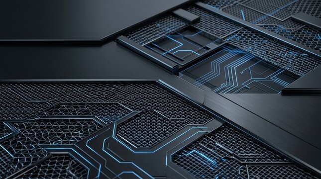 Abstract futuristic technology background with glowing blue circuit lines and metallic mesh texture