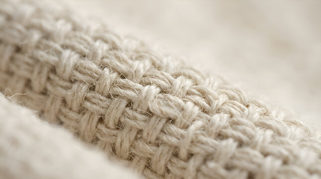 Closeup of woven beige textile with interlocking fiber pattern