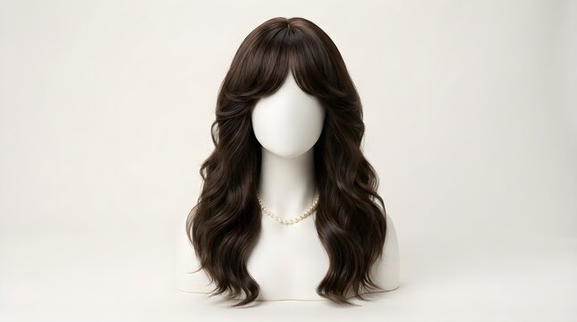 Long wavy dark brown wig with bangs displayed on mannequin bust against white studio background