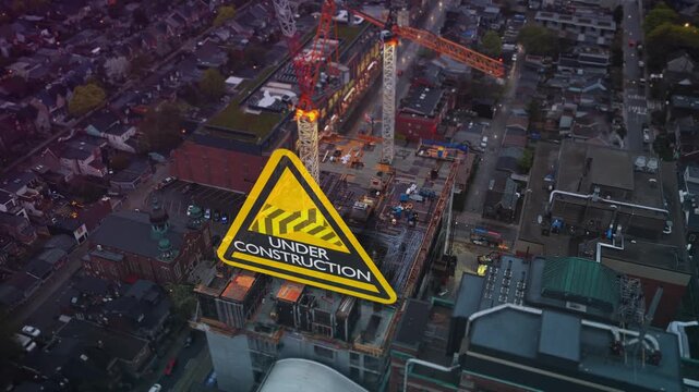 Urban development with augmented reality under construction sign overlay showing city growth, technological innovation, and modern real estate expansion in North America