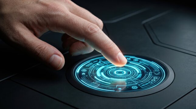 Extreme close-up of a human hand touching a glowing futuristic circular button with digital assistant interface. Advanced AI automation technology in operation. Cybernetic control system activation.