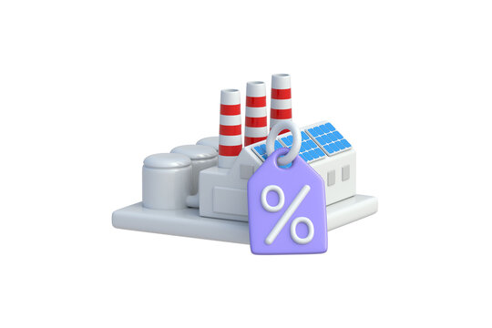 Factory equipment discount. Wholesale manufacturing prices. Sale of production facilities. Industrial loan interest rates. Plant beside tag with percent symbol isolated on white background. 3d render