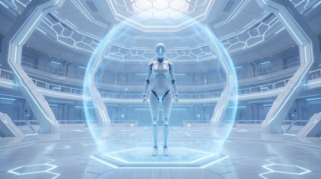 Futuristic robot in force field chamber, suitable for scifi concepts, technology designs, future world illustrations, artificial intelligence theme.
