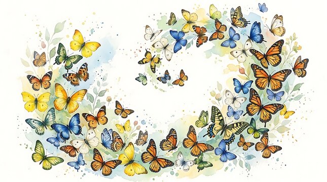 Colorful butterflies flying in a swirl pattern with bright vibrant wings and artistic design