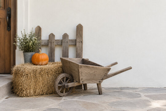 Rustic doorstep pumpkin patch display with hay bale and wheelbarrow, fall farm visit decor
