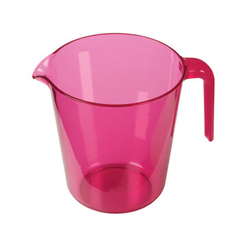 Pink plastic measuring cup with handle on white surface isolated on transparent background
