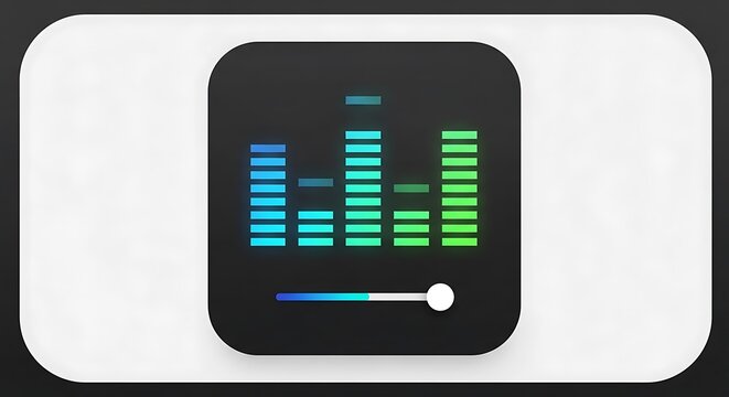 Audio equalizer application icon featuring vibrant green and cyan levels on dark matte background.