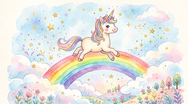 Cute little unicorn running over a colorful rainbow in the sky with flowers and clouds in a magical fantasy land