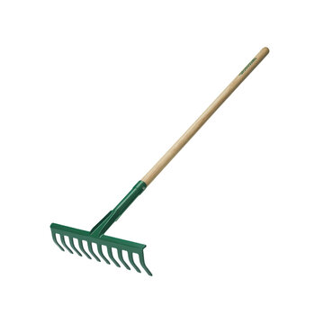 Green garden rake with wooden handle for gardening and yard work isolated on transparent background