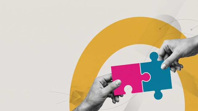 Hands Connecting Colorful Puzzle Pieces Conceptual Business Partnership and Teamwork Solution
