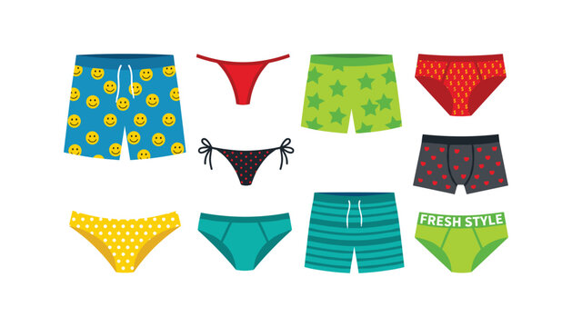 Men and women underwear and swimwear collection featuring boxers briefs trunks bikinis and thongs flat vector illustration set